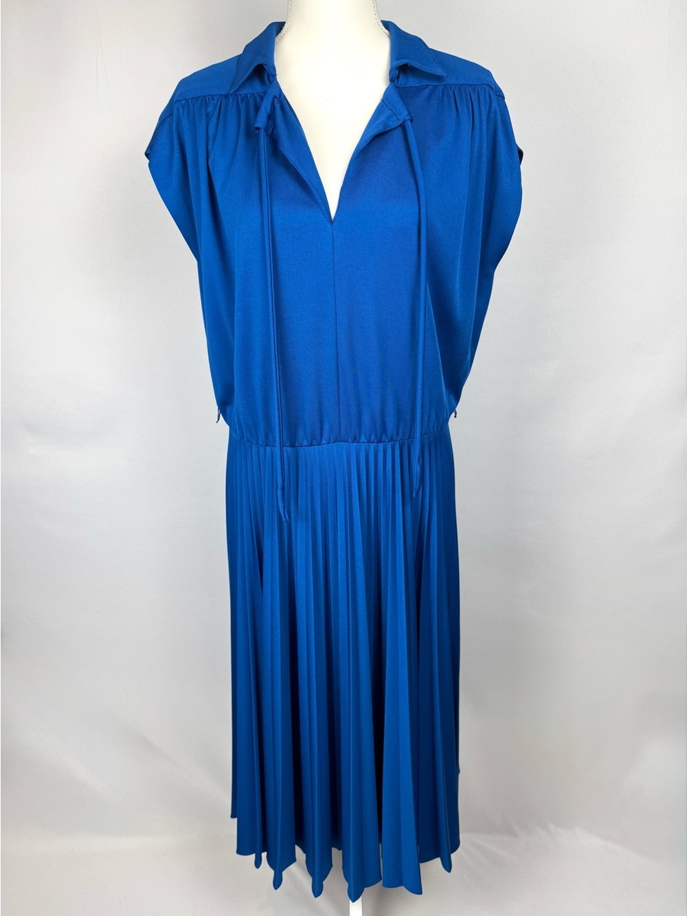 Vintage 70s Short Sleeve Pleated Midi Dress Collar V-Neck Royal Blue Disco Large